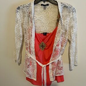 Women’s “Boston Proper” twin set peach embellished tank top & lace cardigan M